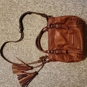 Isabella Fiore Tan Leather Woven-Trim Shoulder Bag with Tassel Accent